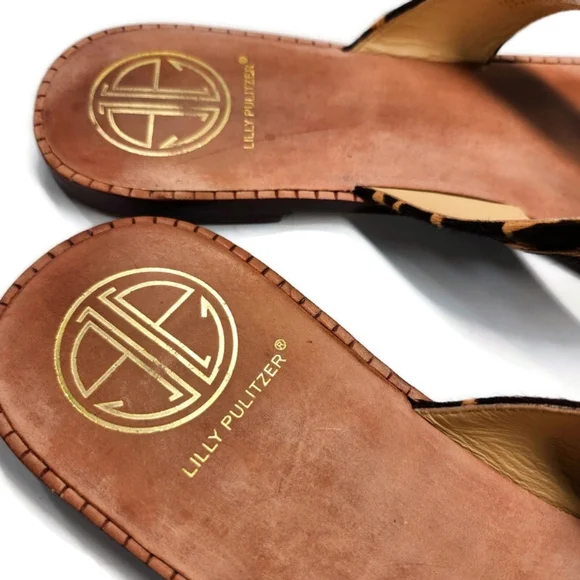 Lilly Pulitzer McKim Leopard Print Calf-Hair Leather Gold Ring Thong Sandals - Picture 9 of 12